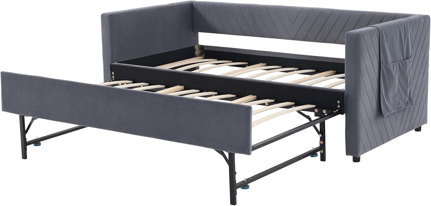 Alt View 4. Trinkets Crazed - Twin Daybed with Pop Up Trundle, Velvet Upholstered Extendable Daybed with USB Ports & Pockets - gray.