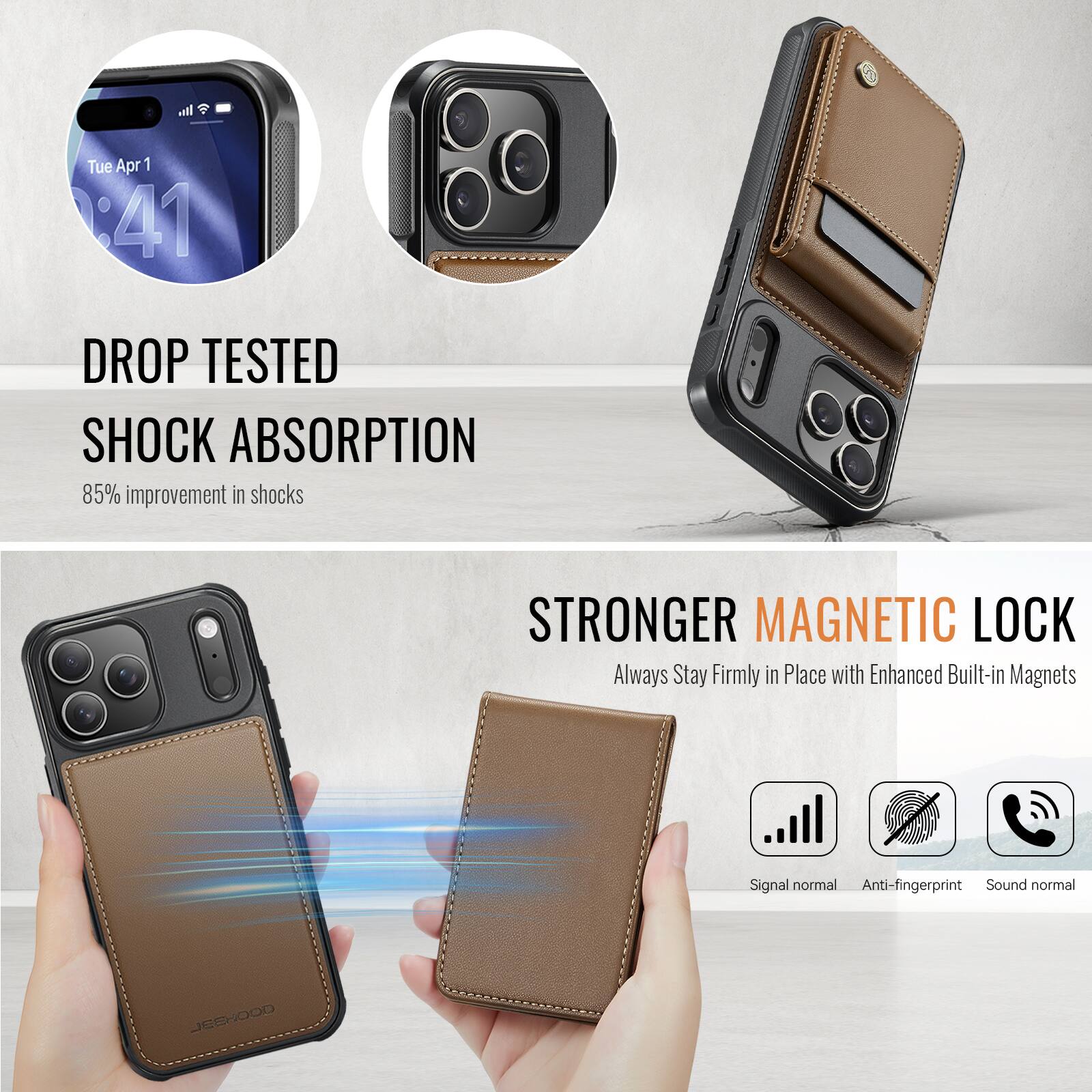 Tue Apr 1 4:41 DROP TESTED SHOCK ABSORPTION 85% improvement in shocks STRONGER MAGNETIC LOCK Always Stay Firmly in Place with Enhanced Built-in Magnets Signal normal Anti-fingerprint Sound normal