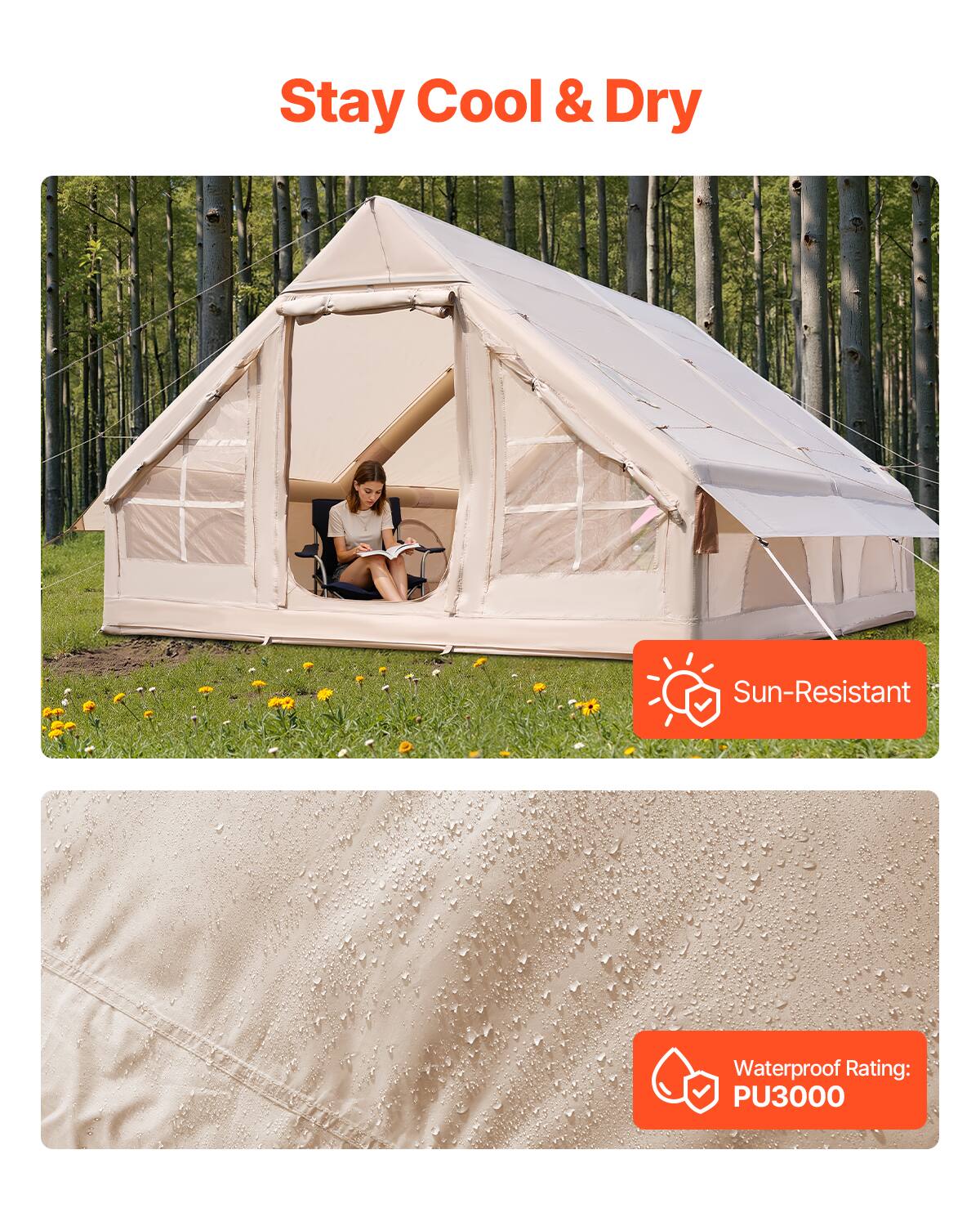 Stay Cool & Dry, Sun-Resistant, Waterproof Rating: PU3000