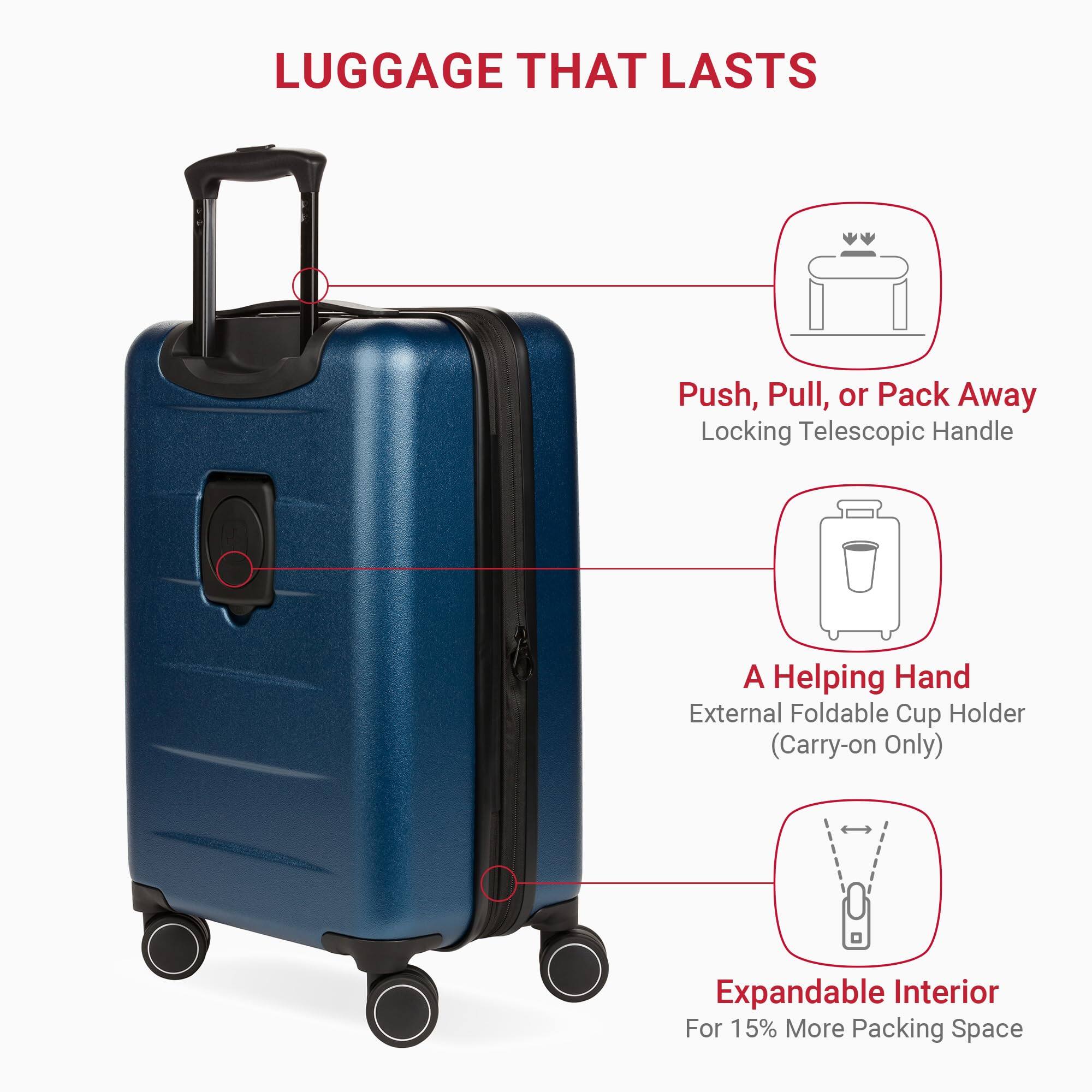 LUGGAGE THAT LASTS

- Push, Pull, or Pack Away
  Locking Telescopic Handle

- A Helping Hand
  External Foldable Cup Holder (Carry-on Only)

- Expandable Interior
  For 15% More Packing Space