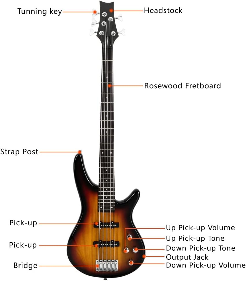 Tuning key  
Headstock  
Rosewood Fretboard  
Strap Post  
Pick-up  
Pick-up  
Bridge  
Up Pick-up Volume  
Up Pick-up Tone  
Down Pick-up Tone  
Output Jack  
Down Pick-up Volume