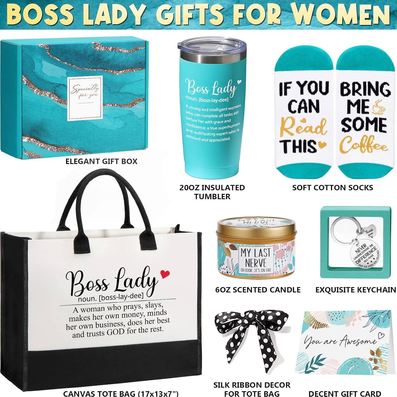 **BOSS LADY GIFTS FOR WOMEN**

- **ELEGANT GIFT BOX**
  - "Specially for you"

- **20OZ INSULATED TUMBLER**
  - "Boss Lady" [boss-lay-dee]
  - A strong and intelligent woman who can complete all tasks set before her with grace and confidence; a true superhuman and multitasking expert admired and appreciated.

- **SOFT COTTON SOCKS**
  - "IF YOU CAN READ THIS, BRING ME SOME Coffee"

- **CANVAS TOTE BAG (17x13x7")**
  - "Boss Lady" [boss-lay-dee]
  - A woman who prays, slays, makes her own money, minds her own business, does her best, and trusts GOD for the rest.

- **6OZ SCENTED CANDLE**
  - "MY LAST NERVE"

- **EXQUISITE KEYCHAIN**
  - "NEVER DIFFERENCE"

- **SILK RIBBON DECOR FOR TOTE BAG**

- **DECENT GIFT CARD**
  - "You are Awesome"