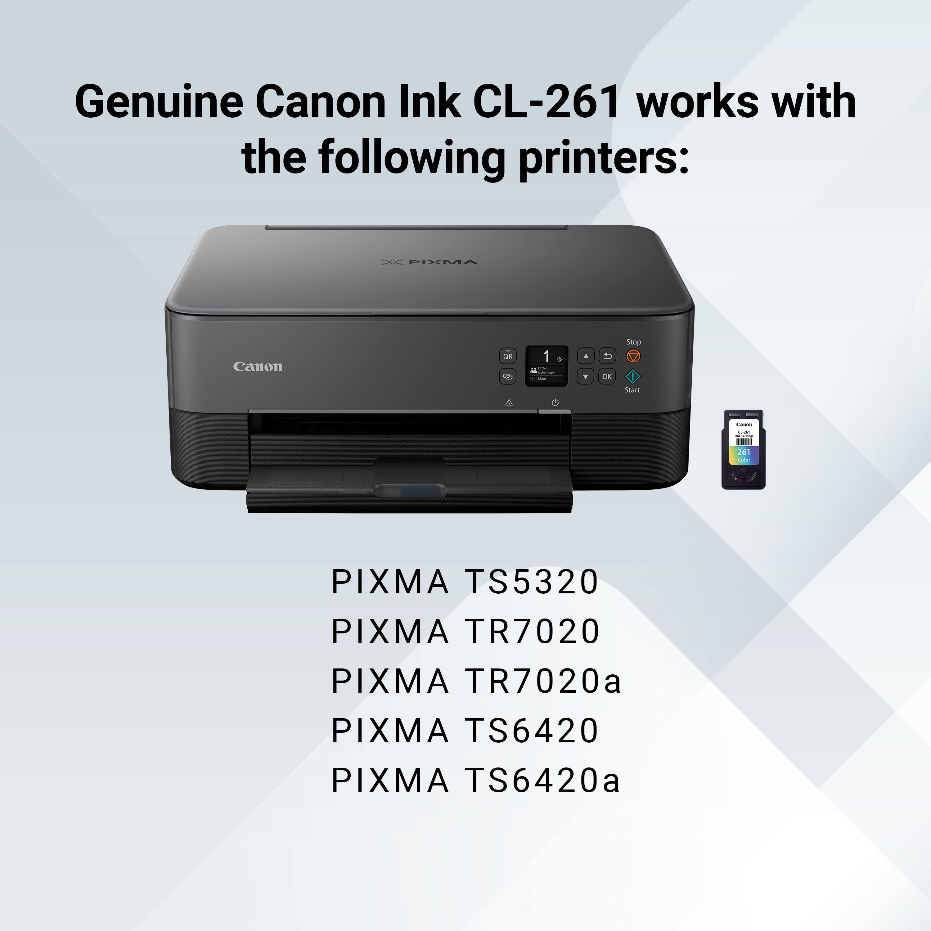 Genuine Canon Ink CL-261 works with the following printers:

* PIXMA Canon a L - 1 . U DK Stop Sharm I - 2d
* PIXMA TS5320
* PIXMA TR7020
* PIXMA TR7020a
* PIXMA TS6420
* PIXMA TS6420a