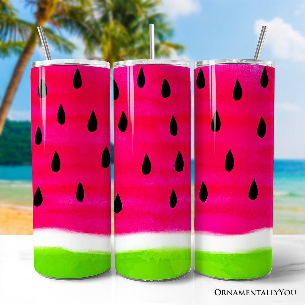 Left. OrnamentallyYou - Watermelon Slice Pattern 20oz Tumbler With Lid and Stainless Steel Straw, Fun Summer Fruit Gift Cup - Multicolored.