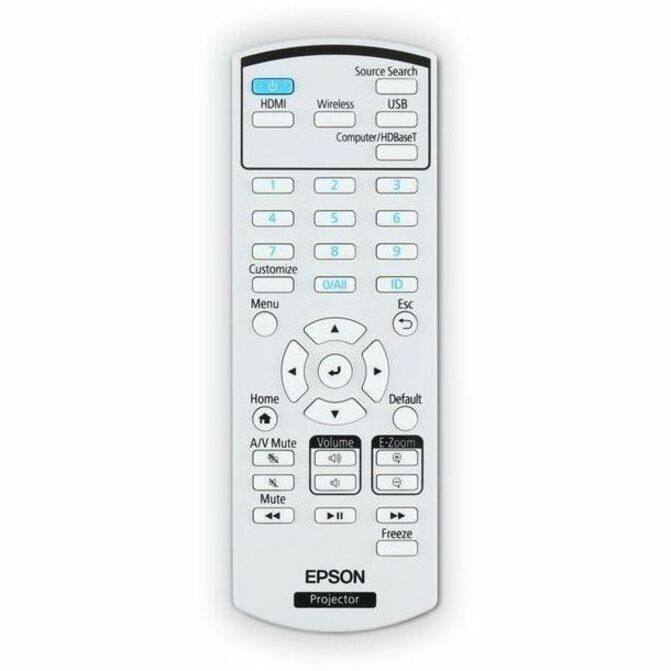 Source Search HDMI Wireless USB Computer/HDBaseT  
1 2 3 4 5 6 7 Customize Menu 8 O/All 9 ID Esc Home Default A/V Mute Volume 4 E-Zoom Mute I Freeze EPSON Projector