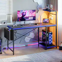 RSPGAME - 51.3'' Gaming Desk with LED & Storage Drawer Ergonomic Computer Desk Headphone Hook, PC Gaming Desk for Home Office - Black&Blue