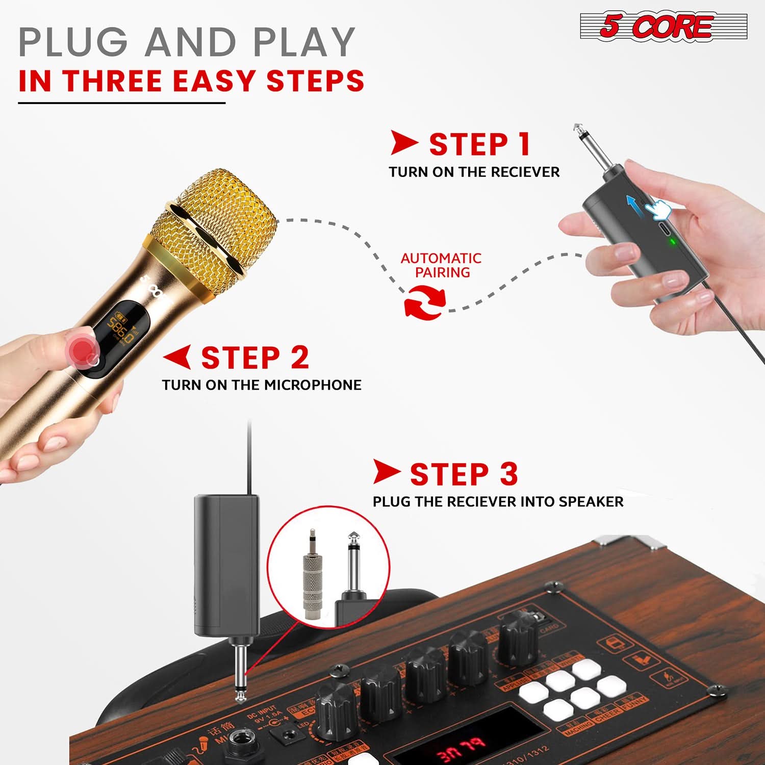 PLUG AND PLAY IN THREE EASY STEPS

STEP 1: TURN ON THE RECEIVER (AUTOMATIC PAIRING)
STEP 2: TURN ON THE MICROPHONE
STEP 3: PLUG THE RECEIVER INTO SPEAKER CARD 1 (MIC INPUT)