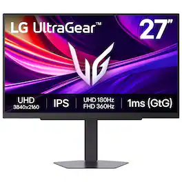 LG - UltraGear 27" IPS Dual Mode (4K UHD 180Hz, FHD 360Hz), 1ms, NVIDIA G-SYNC, AMD Freesync Gaming Monitor (HDMI, DP, USB-C) - Black