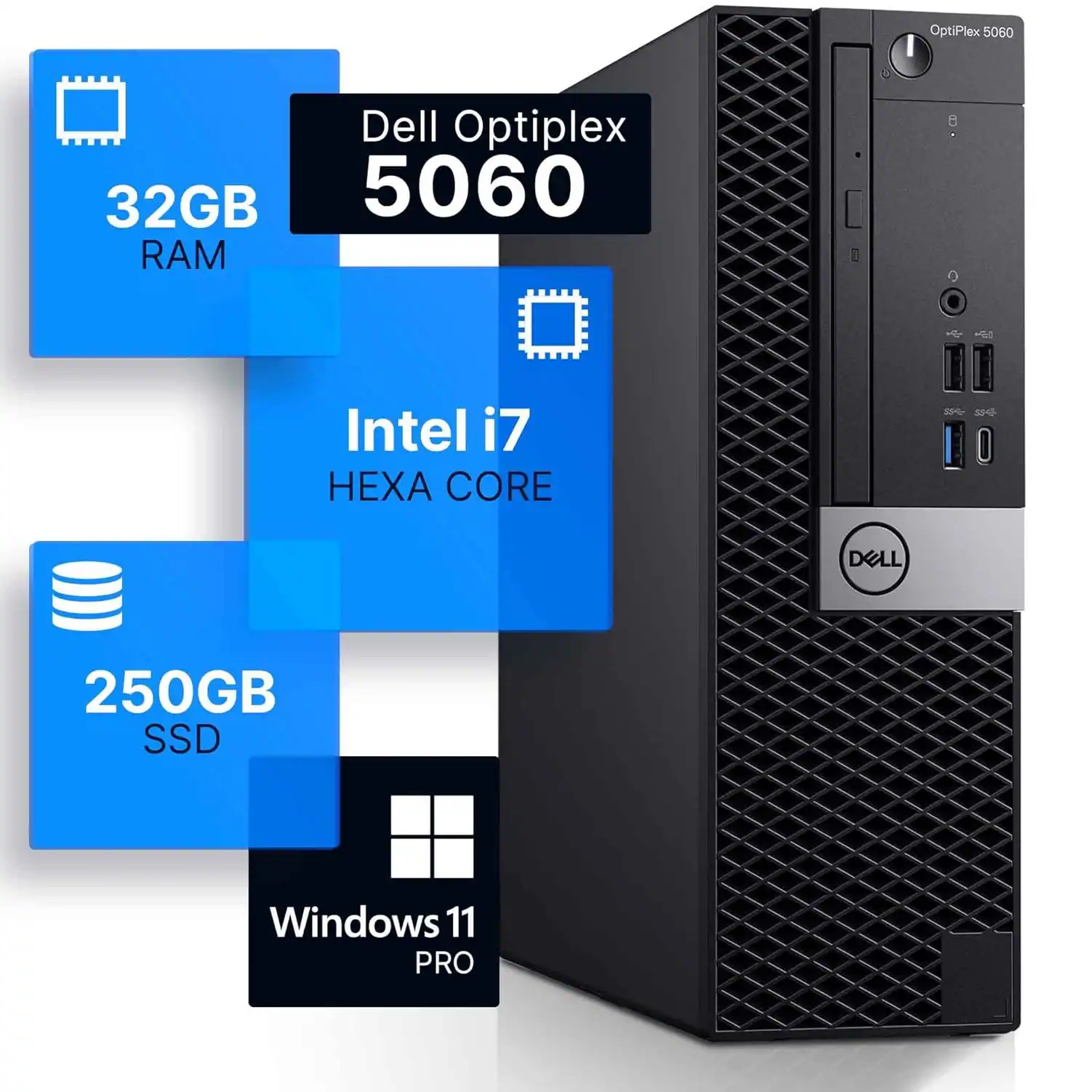 Dell - Refurbished Excellent - Optiplex 5060 SFF Desktop PC, Hexa Intel Core i7-8700 up to 4.6Ghz, 32GB DDR4 RAM, 250GB SSD, USB WiFi, Win11 Pro - Black