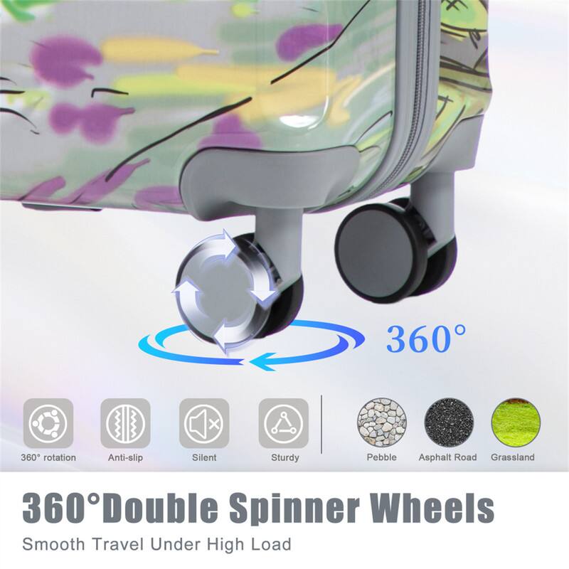 360° Double Spinner Wheels  
Smooth Travel Under High Load  

360° rotation  
Anti-slip  
Silent  
Sturdy  

Pebble  
Asphalt Road  
Grassland
