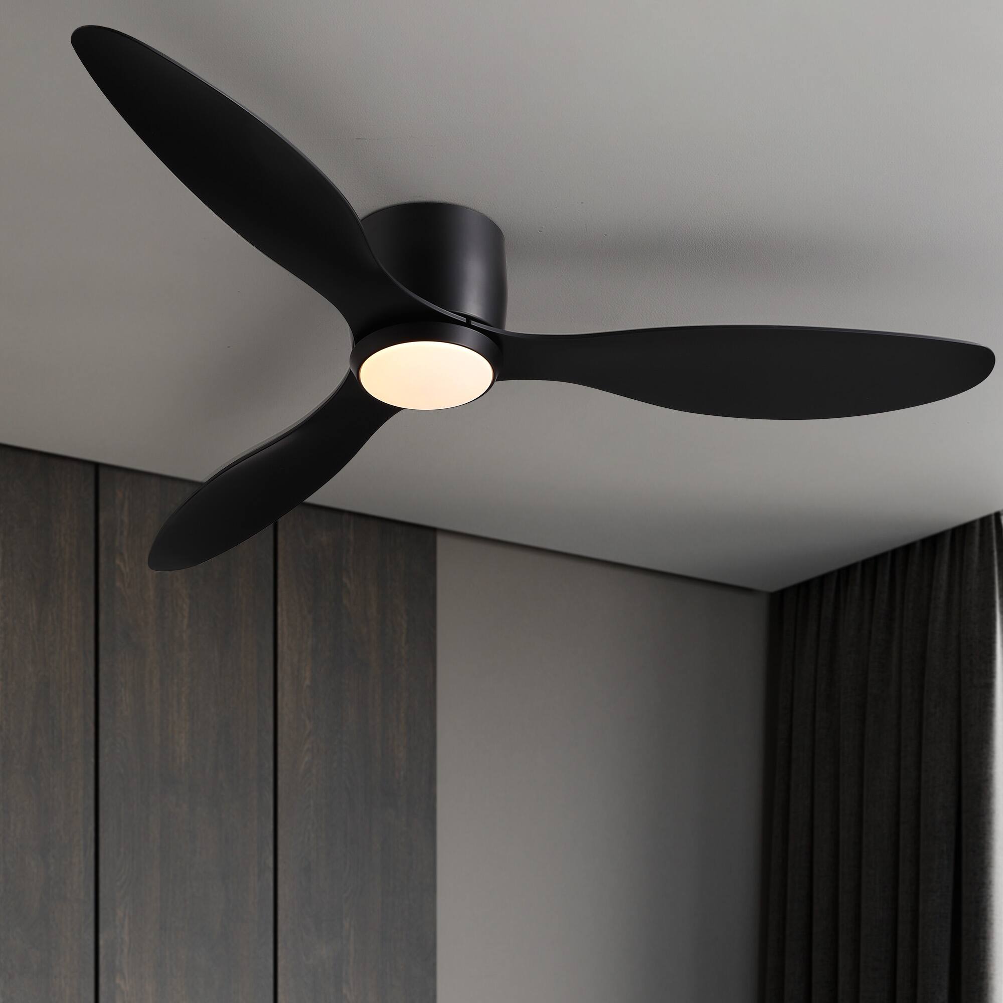 Angle. Siljoy - 52 Inch Black Flush Mount Ceiling Fan with Light and Remote for Bedroom Living Room Office Kitchen Patio Indoor Outdoor.