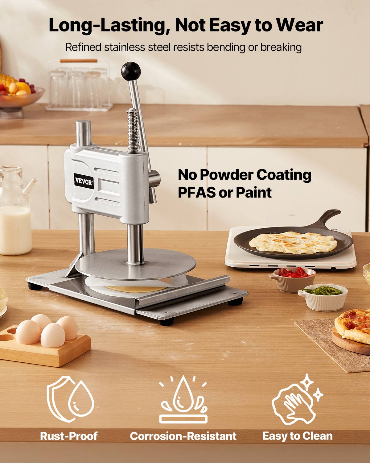 Long-Lasting, Not Easy to Wear  
Refined stainless steel resists bending or breaking  

No Powder Coating  
PFAS or Paint  

Rust-Proof  
Corrosion-Resistant  
Easy to Clean