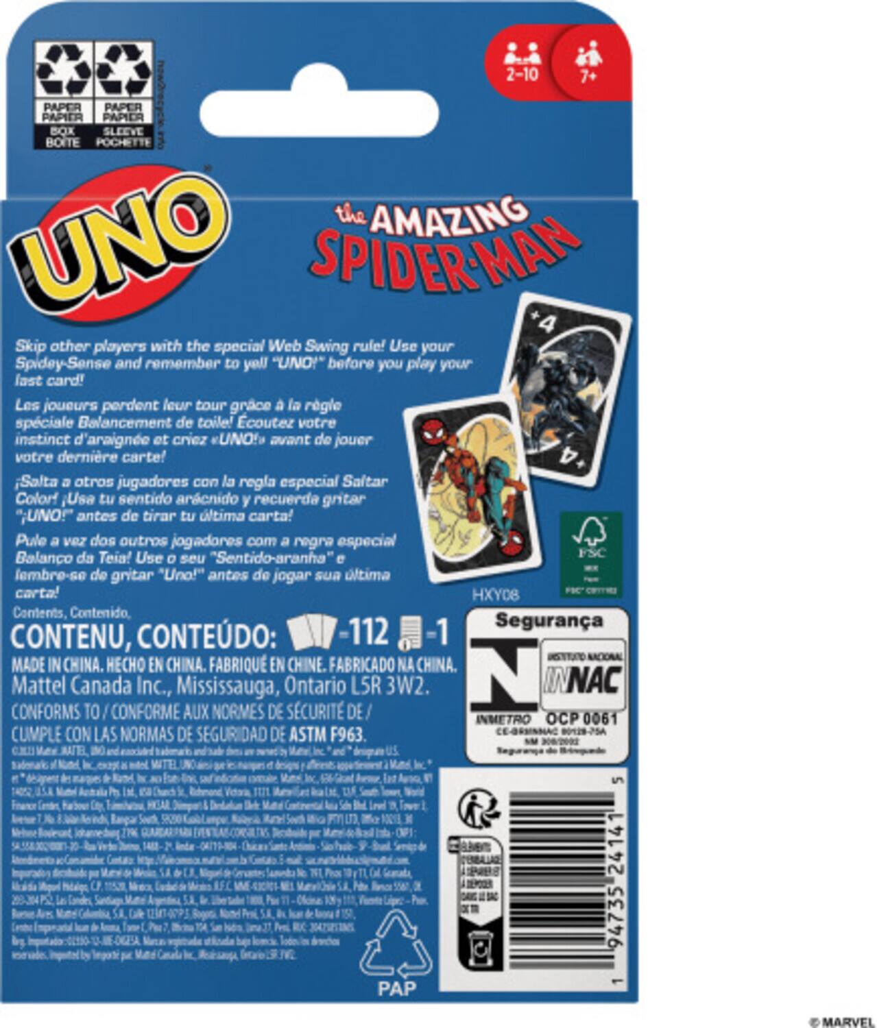 **UNO**  
**the AMAZING SPIDER-MAN**

**2-10**  
**7+**

**PAPER PAPER PAPIER PAPIER BOX SLEEVE BOITE POCHETTE**

**Skip other players with the special Web Swing rule! Use your Spidey-Sense and remember to yell "UNO!" before you play your last card!**  
**Les joueurs perdent leur tour grâce à la règle spéciale Balancement de toile! Écoutez votre instinct d'araigne et criez "UNO!" avant de jouer votre dernière carte!**  
**Salta a otros jugadores con la regla especial Saltar! Usa tu sentido arácnido y recuerda gritar "UNO!" antes de tirar tu última carta!**  
**Pule a vez dos outros jogadores com a regra especial Balanco da Teia! Use "Sentido-aranha" e lembre-se de gritar "UNO!" antes de jogar sua última carta!**

**Contents, Contenido, Contenido, CONTEÚDO:**  
**-112 cards -112 cartas -112 cartas -11