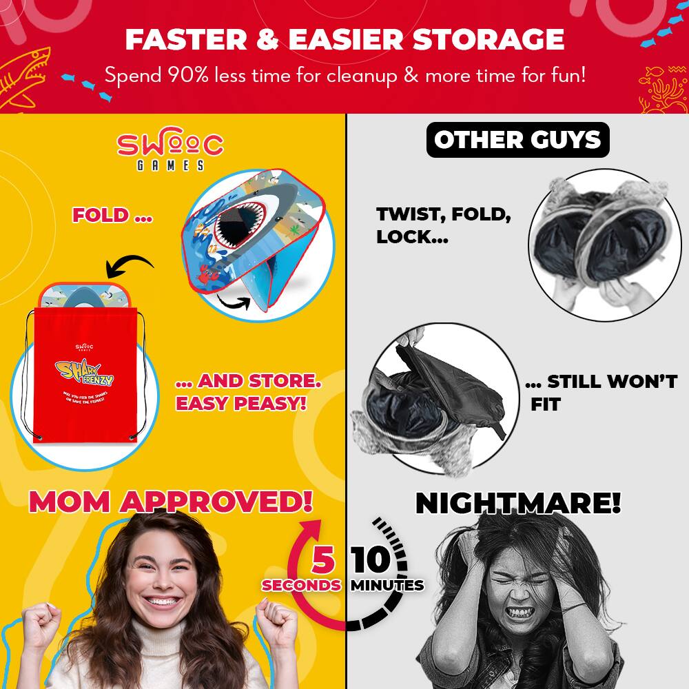 FASTER & EASIER STORAGE  
Spend 90% less time for cleanup & more time for fun!

SWOEC GAMES  
FOLD ...  
... AND STORE. EASY PEASY!  
MOM APPROVED!  
5 SECONDS

OTHER GUYS  
TWIST, FOLD, LOCK...  
... STILL WON'T FIT  
NIGHTMARE!  
10 MINUTES