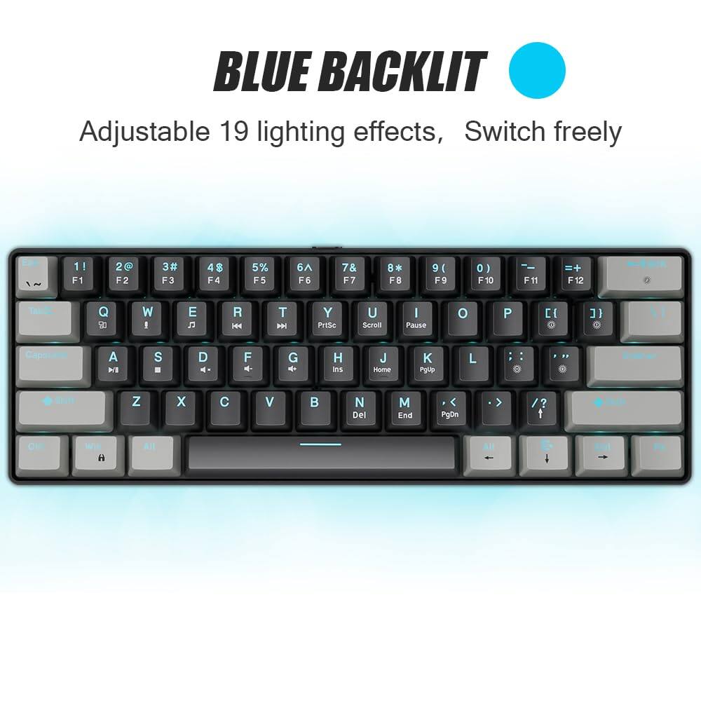 BLUE BACKLIT  
Adjustable 19 lighting effects, Switch freely  

1! F1  
2@ F2  
3# F3  
4$ F4  
5% F5  
6^ F6  
7& F7  
8* F8  
9( F9  
0) F10  
-= F11  
+= F12  

Q W E R T Y U I O P  
A S D F G H J K L ; '  
Z X C V B N M , . /  

Caps Lock  
Shift  
Ctrl  
Alt  
Windows  
All
