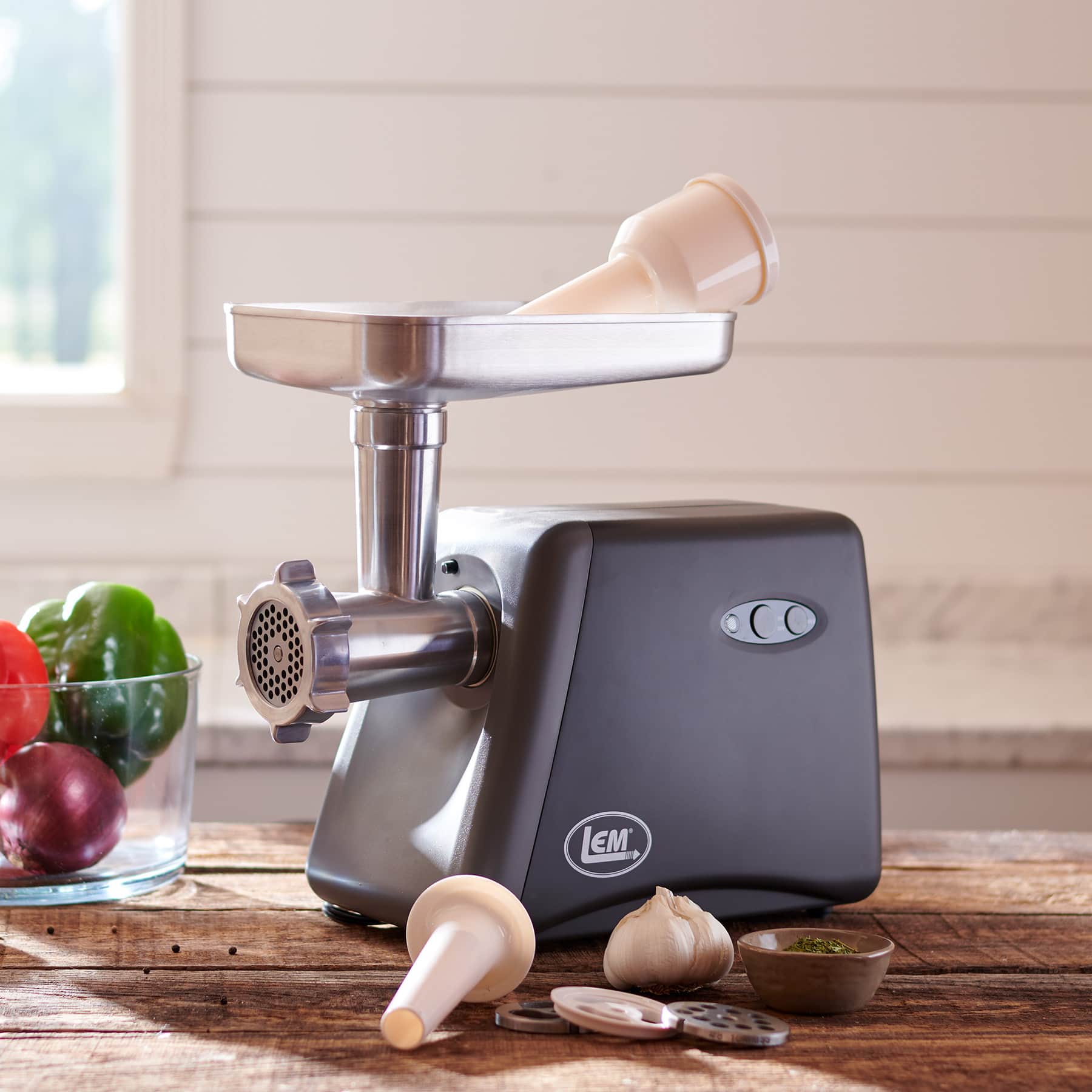 Alt View 1. LEM Product - #8 575-Watt Countertop Meat Grinder - Aluminum.