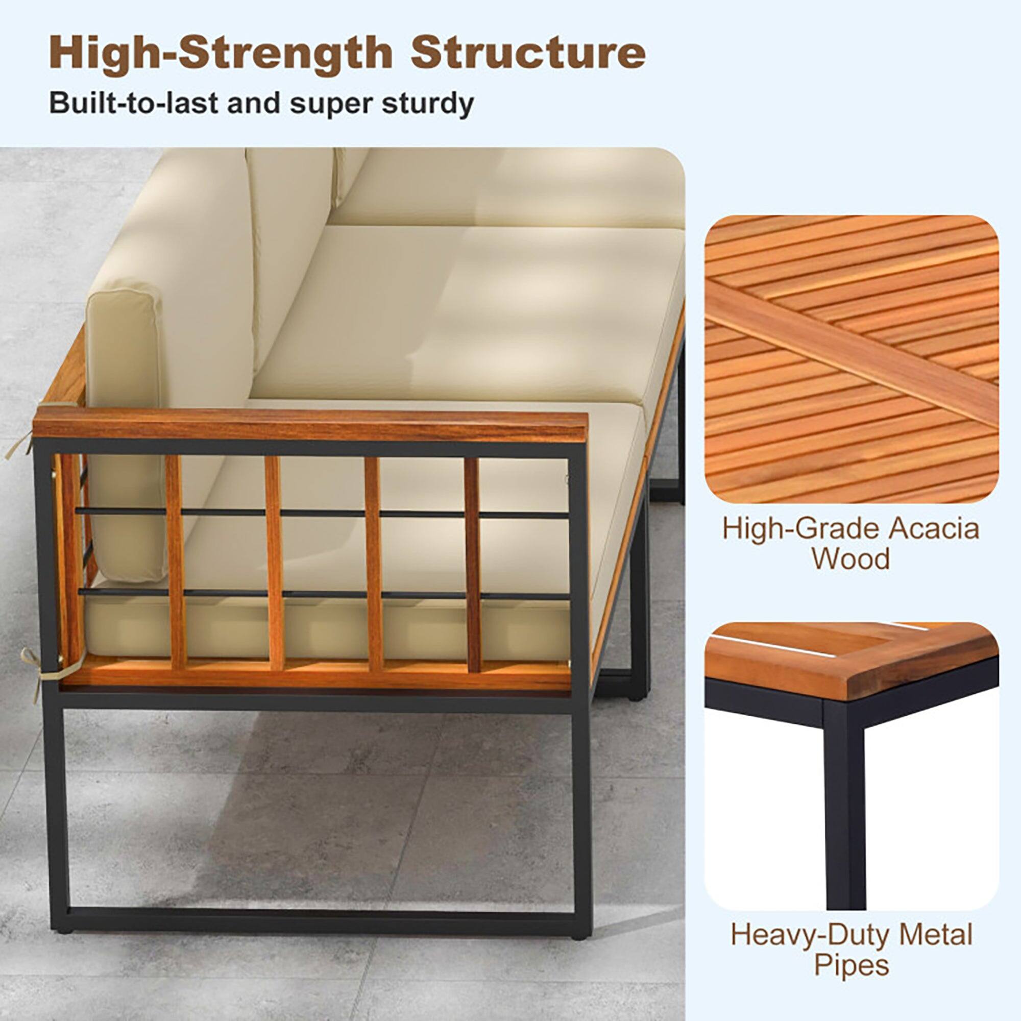 High-Strength Structure  
Built-to-last and super sturdy  

High-Grade Acacia Wood  

Heavy-Duty Metal Pipes