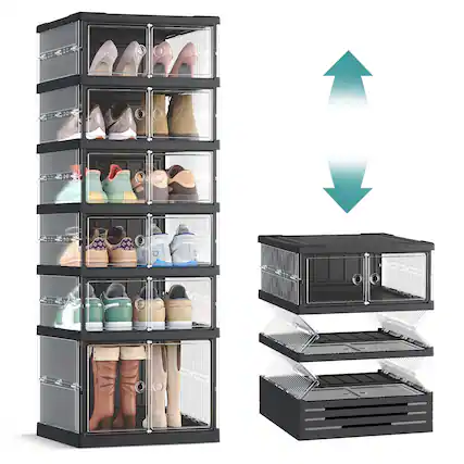 Front. Songmics Home - Foldable Shoe Storage Organizer for Closet, Stackable Sneaker Cabinet with Magnetic Door - Ink Black.