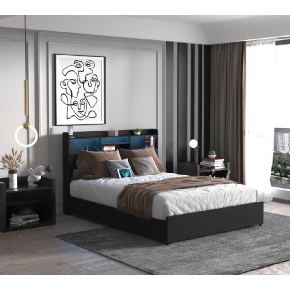 Angle. LUCKY ONE - Queen Size Bed Frame with 4 Storage Drawers, Storage Headboard, LED Lights, USB Charging Station, No Box Spring Needed - Black.
