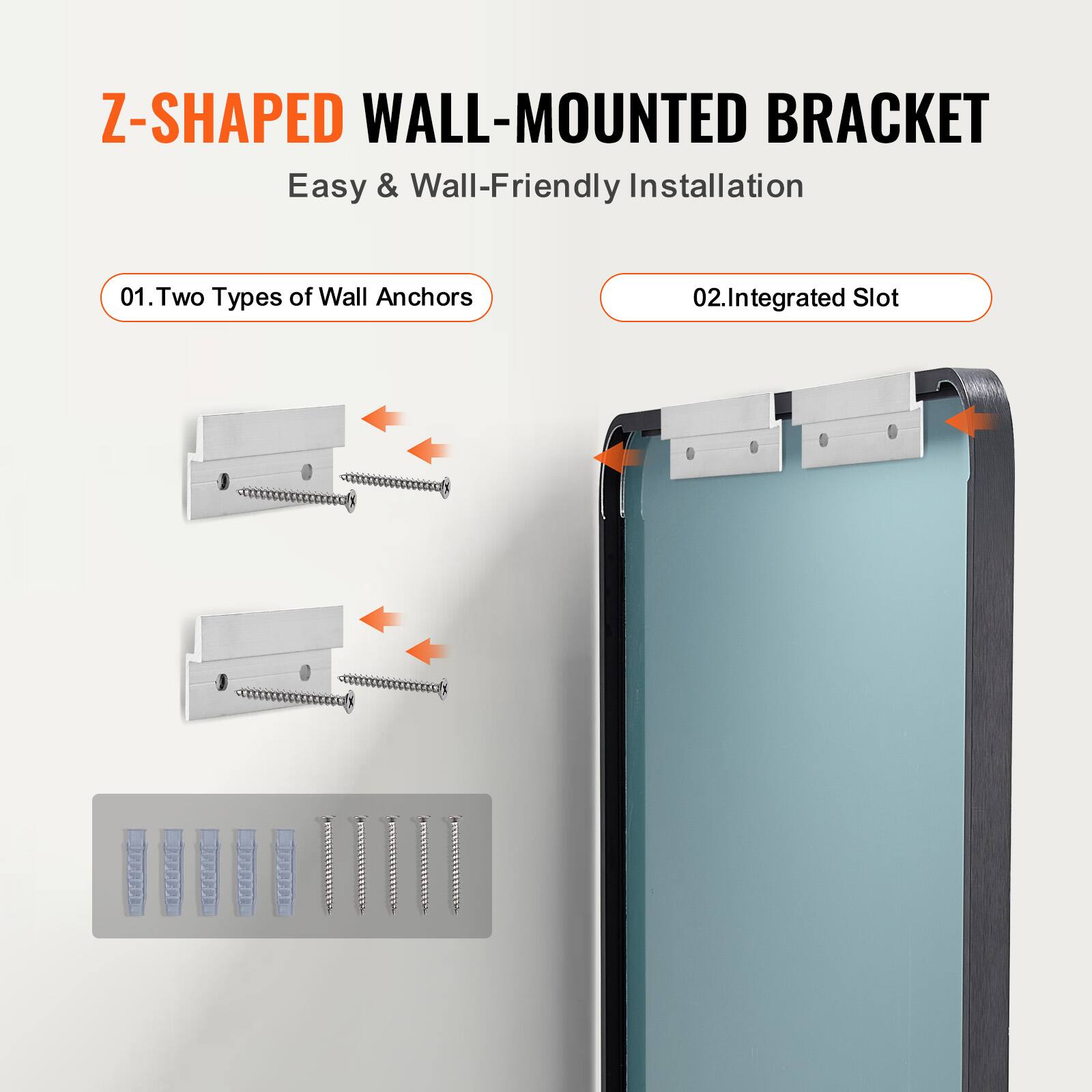 Z-SHAPED WALL-MOUNTED BRACKET  
Easy & Wall-Friendly Installation  

01. Two Types of Wall Anchors  

02. Integrated Slot
