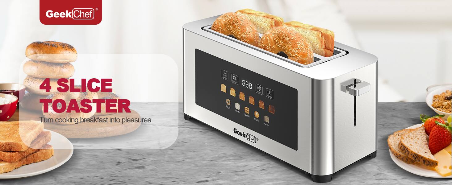 Geek Chef 4 SLICE TOASTER  
Turn cooking breakfast into pleasure  

888 C A U POA Saga White Walfe Mulie Gcan Geek Chef 0