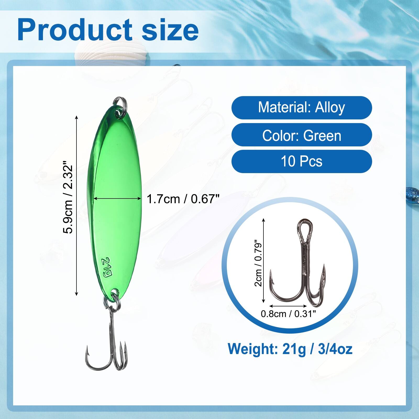 Product size: 5.9cm / 2.32"  
Material: Alloy  
Color: Green  
10 Pcs  
Weight: 21g / 3/4oz