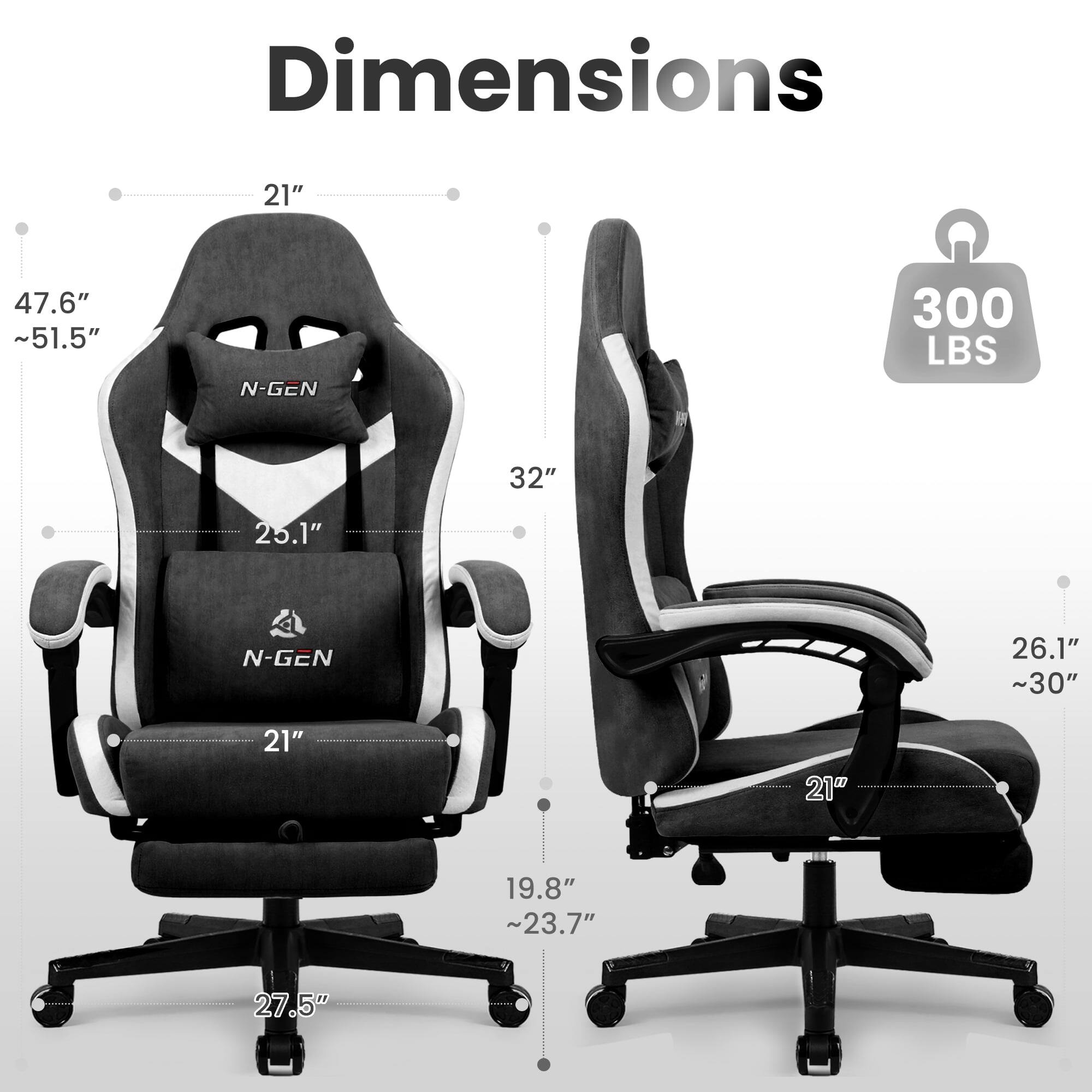 Dimensions:  
- Height: 47.6" ~51.5"  
- Width: 21"  
- Depth: 32"  
- Seat Height: 19.8" ~23.7"  
- Seat Width: 25.1"  
- Back Height: 26.1" ~30"  
- Armrest Height: 21"  
- Base Width: 27.5"  
- Weight Capacity: 300 LBS