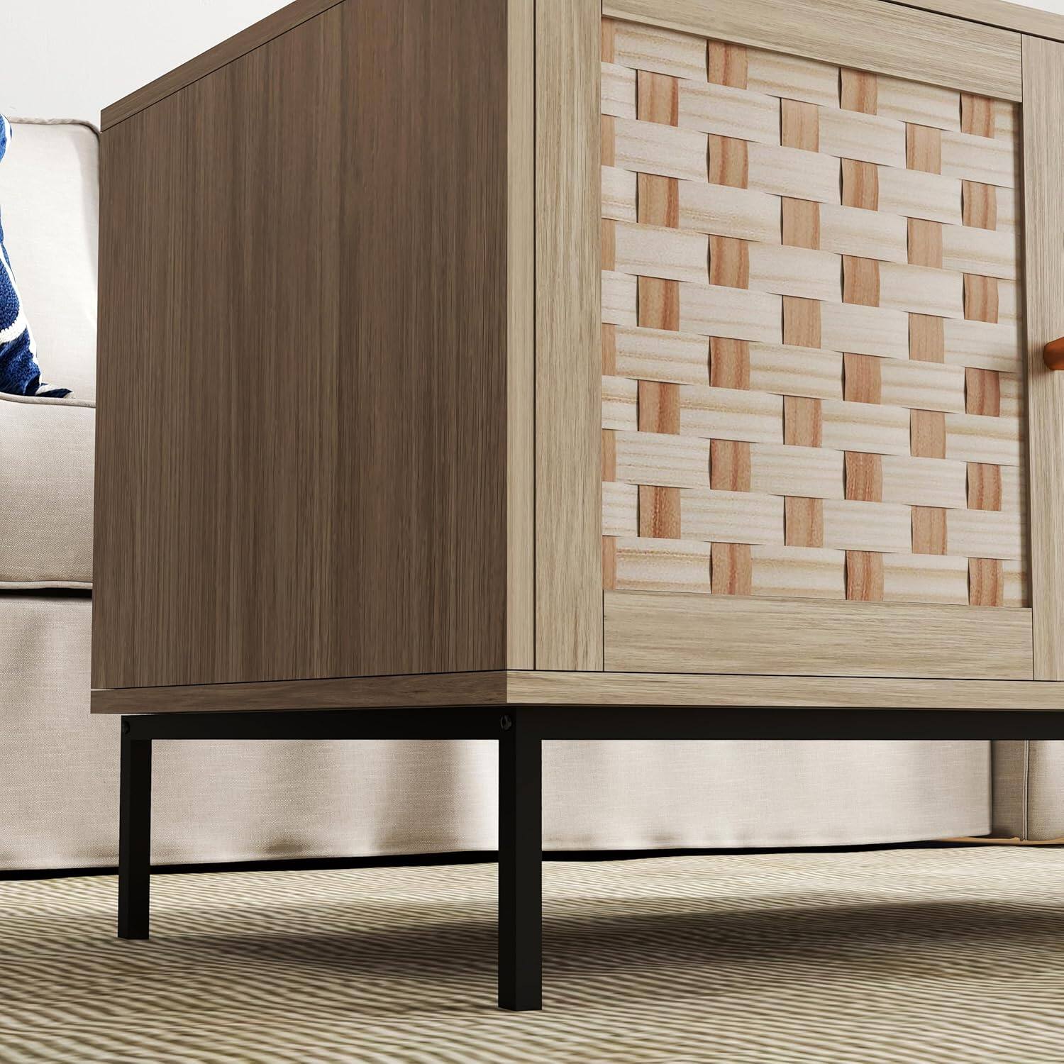 Alt View 4. MOOSOO - Coffee Table with 4 Sliding Door, Wooden Center Rectangular Table with Symmetrical Design Storage Cabinet - Natural.