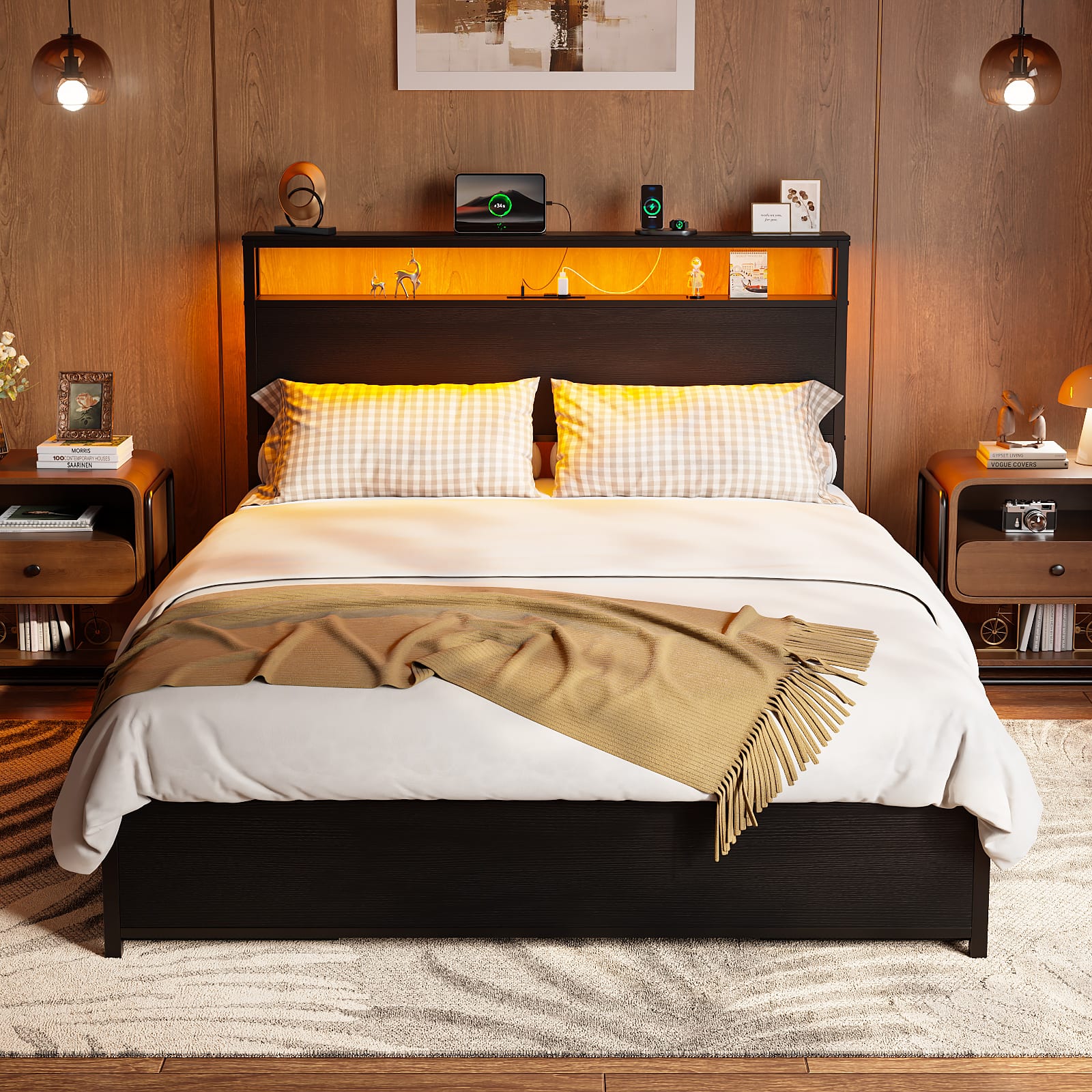 Furnulem - Bed Frame with 6 Drawers and Open Storage Headboard Adjustable LED Light and Charging Station No Box Spring Needed - Black