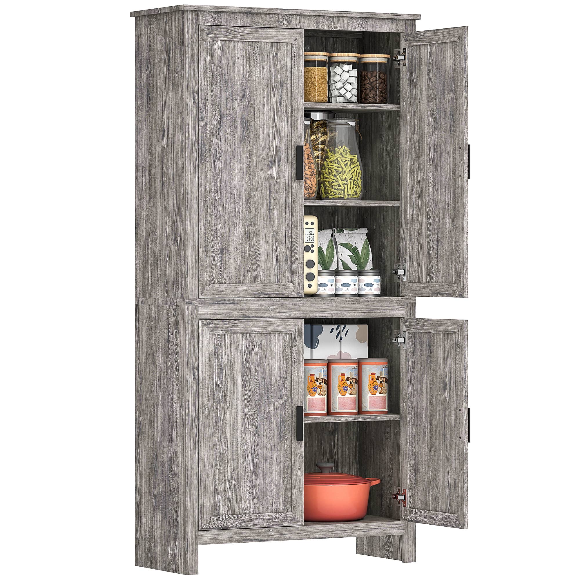 Front. Homcom - 64" Kitchen Pantry Cabinet, Freestanding Storage Cabinet with 4 Doors and 3 Adjustable Shelves for Dining Room - Gray.