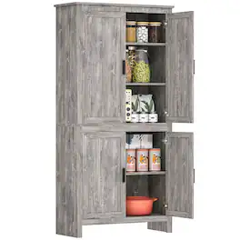 Homcom - 64" Kitchen Pantry Cabinet, Freestanding Storage Cabinet with 4 Doors and 3 Adjustable Shelves for Dining Room - Gray