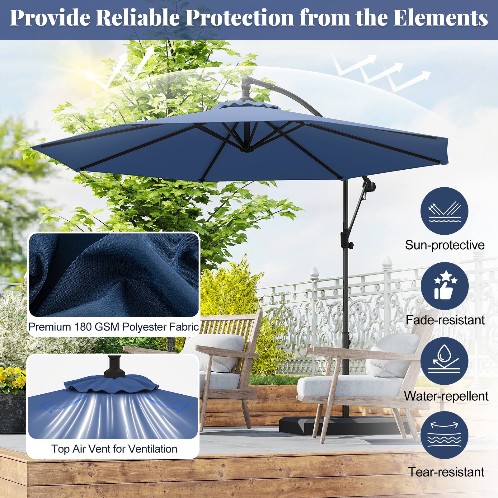 Provide Reliable Protection from the Elements

Sun-protective
Fade-resistant
Water-repellent
Tear-resistant
Top Air Vent for Ventilation
Premium 180 GSM Polyester Fabric
