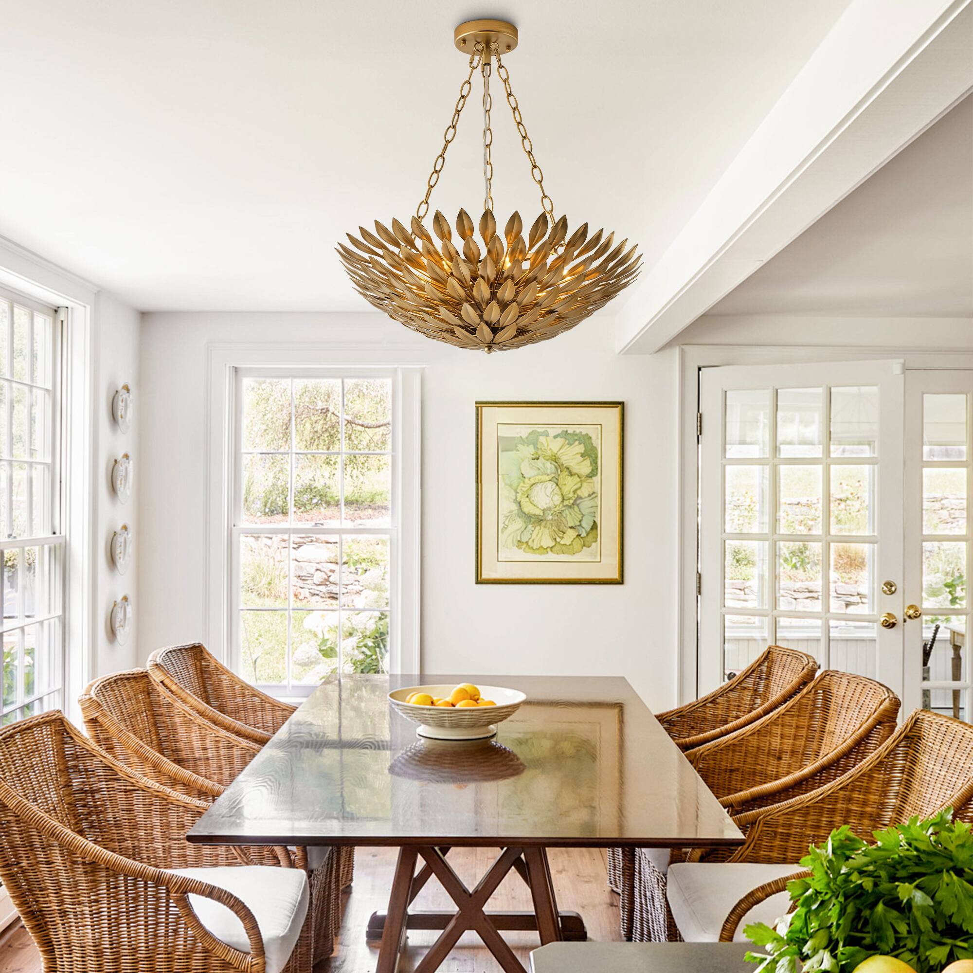 Angle. Parrot Uncle - Antique Gold 6-Light Olive Leaf Convertible Chandelier Light - Antique Gold.