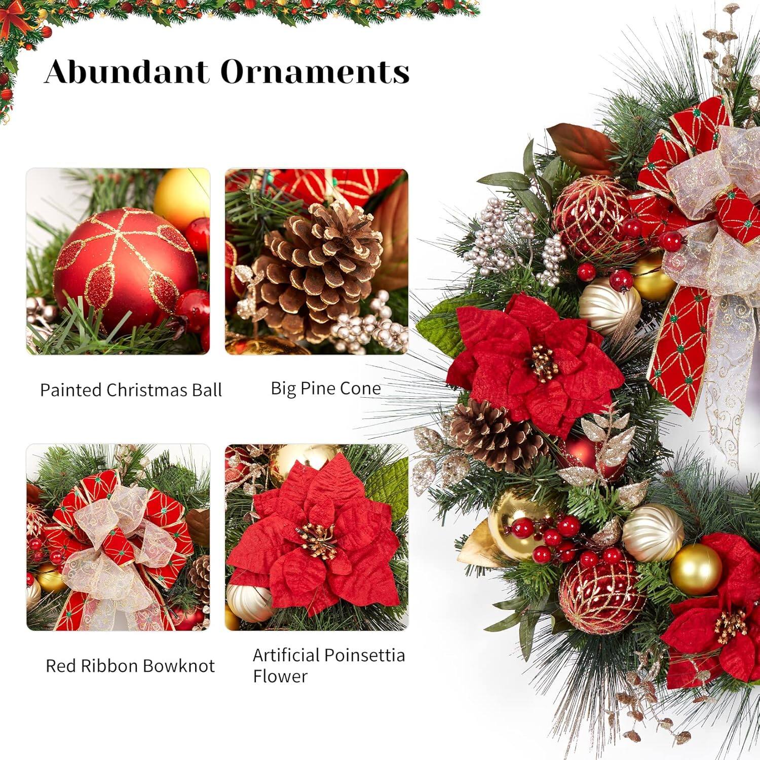 Abundant Ornaments

- Painted Christmas Ball
- Big Pine Cone
- Red Ribbon Bowknot
- Artificial Poinsettia Flower