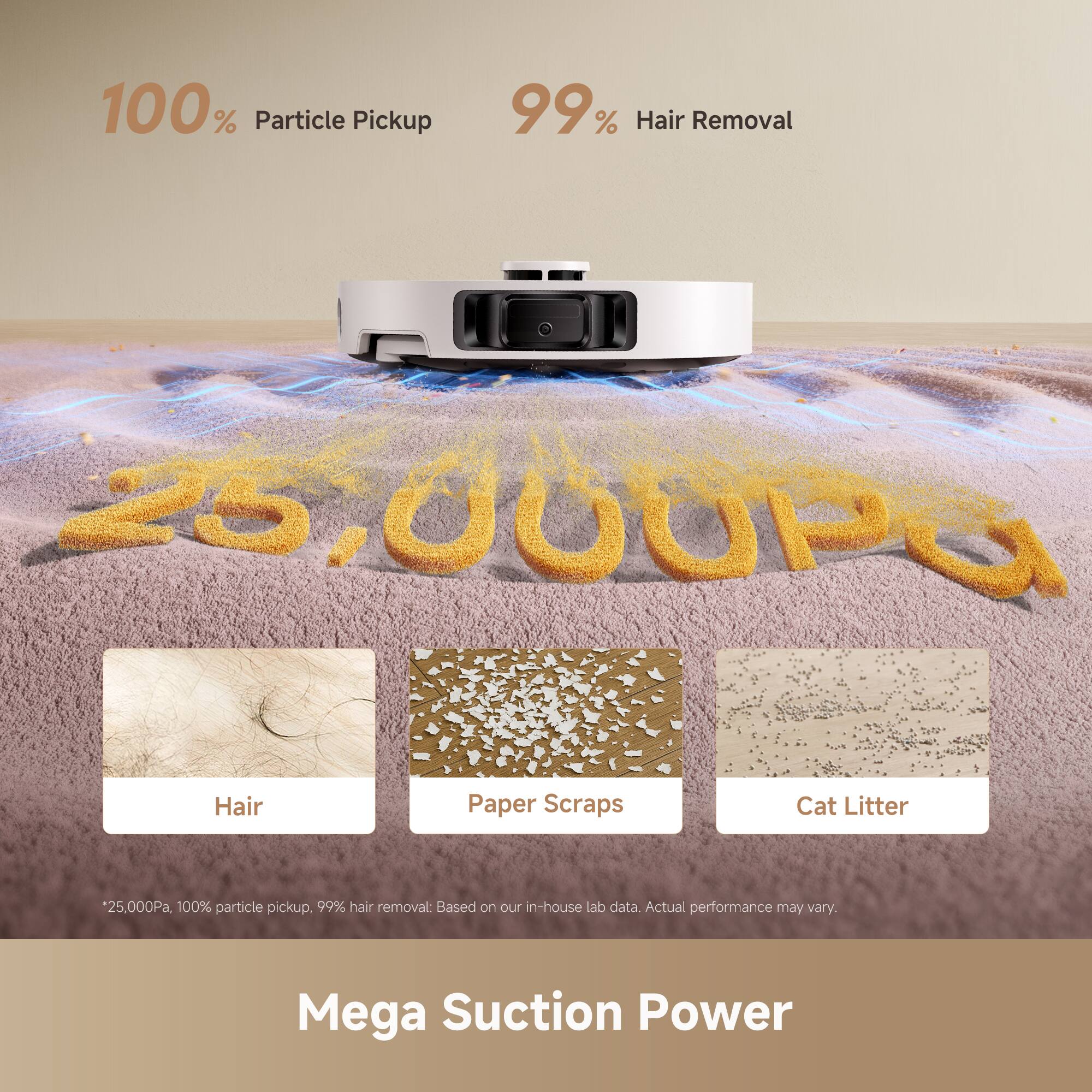 100% Particle Pickup  
99% Hair Removal  
25,000Pa Hair Paper Scraps Cat Litter  

100% particle pickup, 99% hair removal: Based on our in-house lab data. Actual performance may vary.  

Mega Suction Power  

*25,000Pa, 100% particle pickup, 99% hair removal: Based on our in-house lab data. Actual performance may vary.