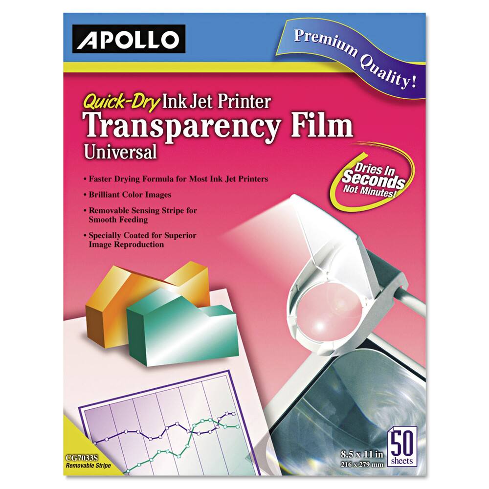 APOLLO Premium Quality! Quick-Dry Ink Jet Printer Transparency Film Universal  
- Faster Drying Formula for Most Ink Jet Printers  
- Brilliant Color Images  
- Removable Sensing Stripe for Smooth Feeding  
- Specially Coated for Superior Image Reproduction  

Dries In Seconds Not Minutes!  

CG7033S Removable Stripe  
8.5 X 11 in  
216 x 279 mm  
50 sheets