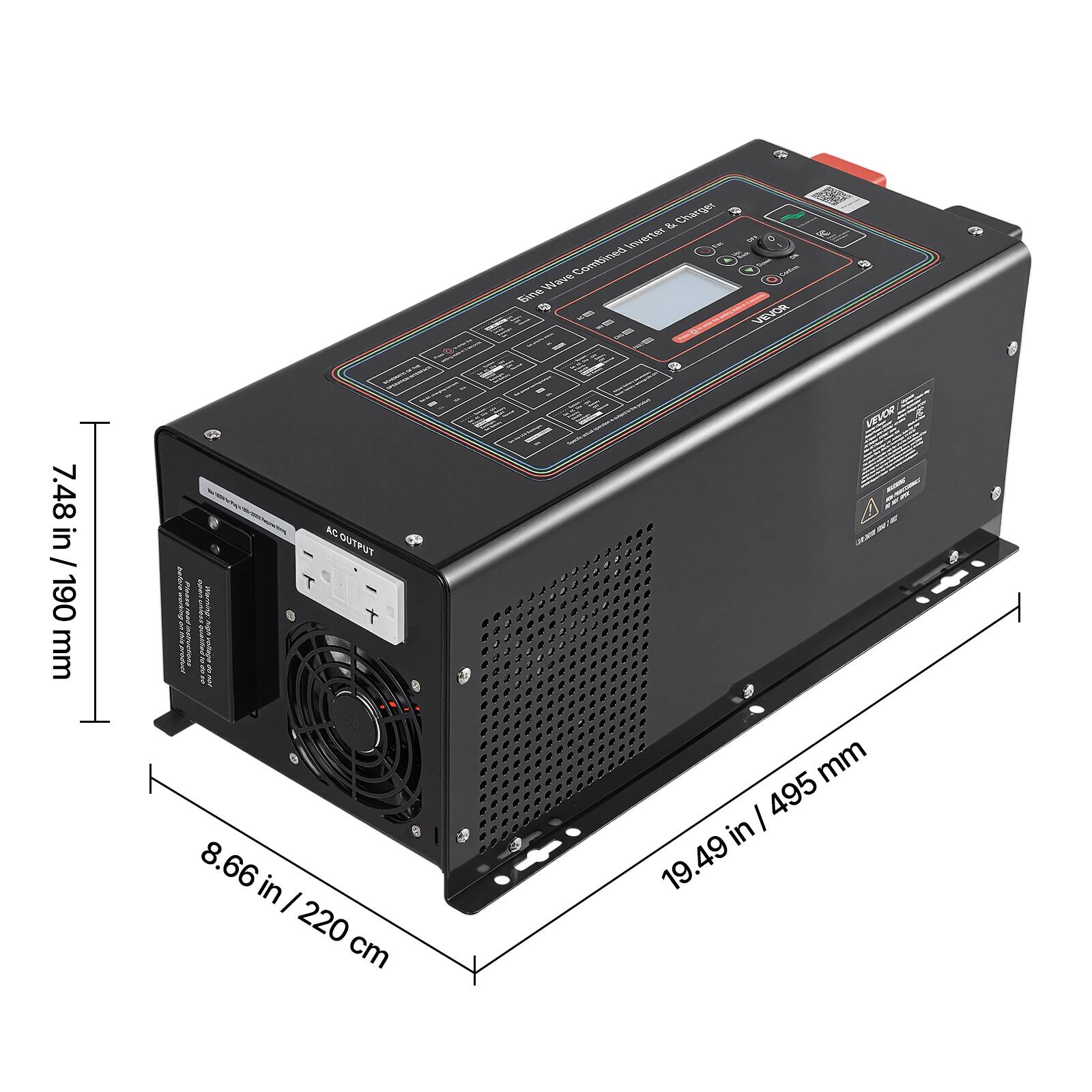 & Charger Inverter Wave Combined Sine  
CAN VEVOR  
12  
7.48 in / 190 mm  
AC OUTPUT SEED 8.66 in / 220 cm  
VEVOR 495 mm in / 19.49