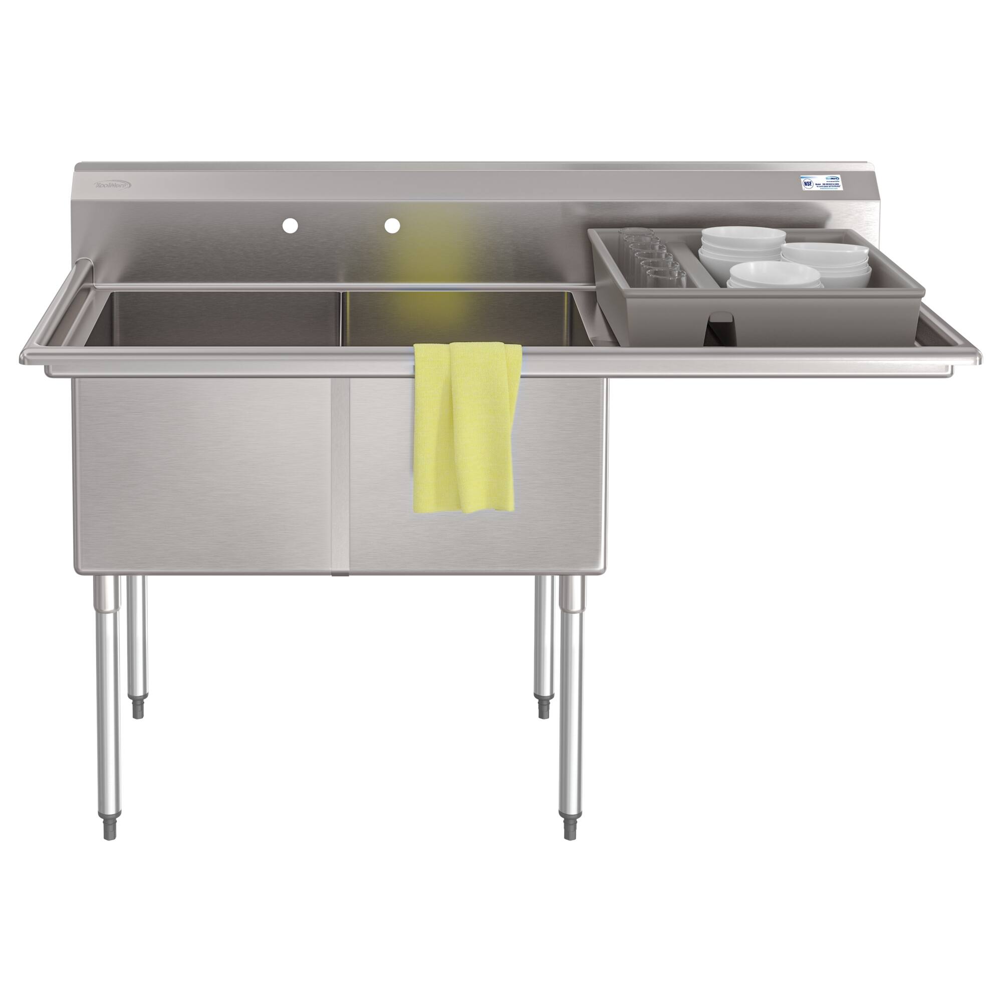 Front. Koolmore - 63 in. 18-Gauge 2-Compartment Sink with Backsplash and 24 in. Right Drainboard, Bowl dimensions 18"x24"x14" - Stainless Steel.