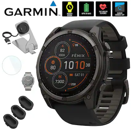 GARMIN™
RUGGED DESIGN
UPTO 28 DAYS
24/7 HEALTH FEATURES
GARMIN CONNECT APP
FÉNIX 1010
82
HIGH
80
7300
SAT 01
200
38
88
GARMIN
