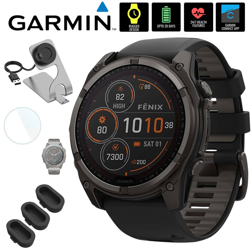 Garmin - Fenix 8 47mm Smartwatch, Solar Sapphire + Accessories Bundle - Carbon Gray DLC Titanium - (2024)
