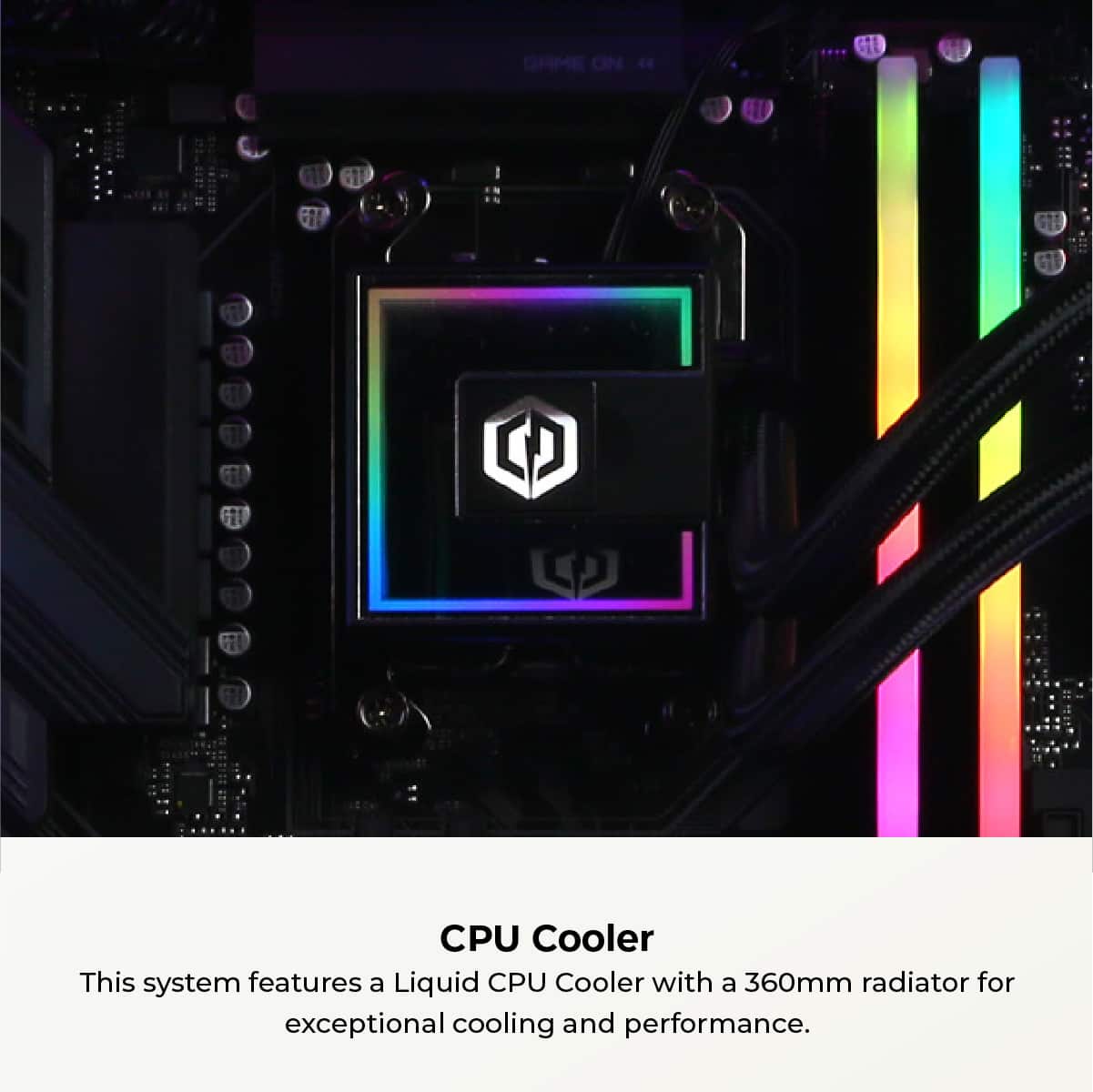 This system features a liquid CPU cooler with a 360mm radiator for exceptional cooling and performance.