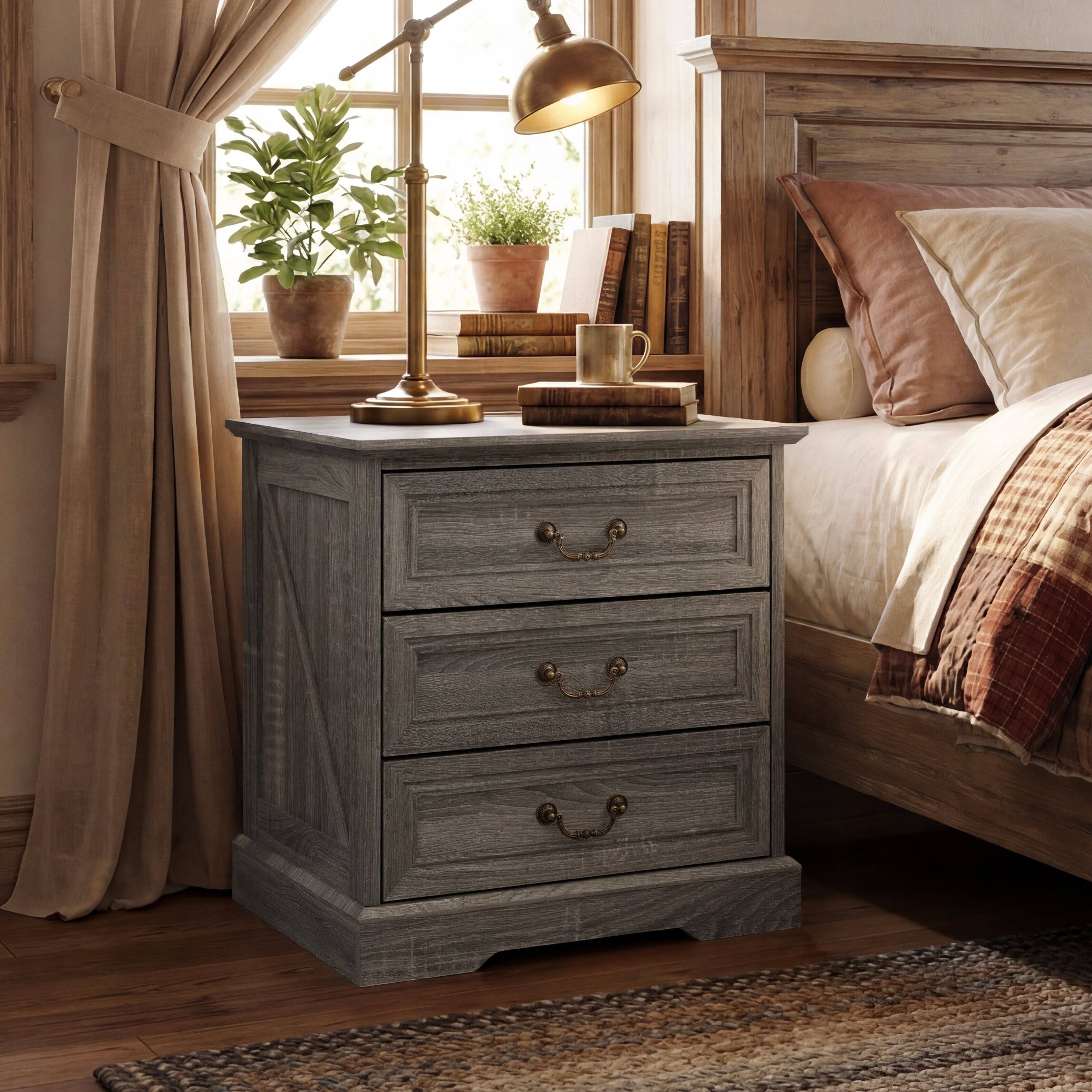 Angle. Famapy - Farmhouse 3-Drawer Nightstand with AC & USB Charging Station, Rustic Wooden Bedside Table Storage Cabinet for Bedroom - Gray.