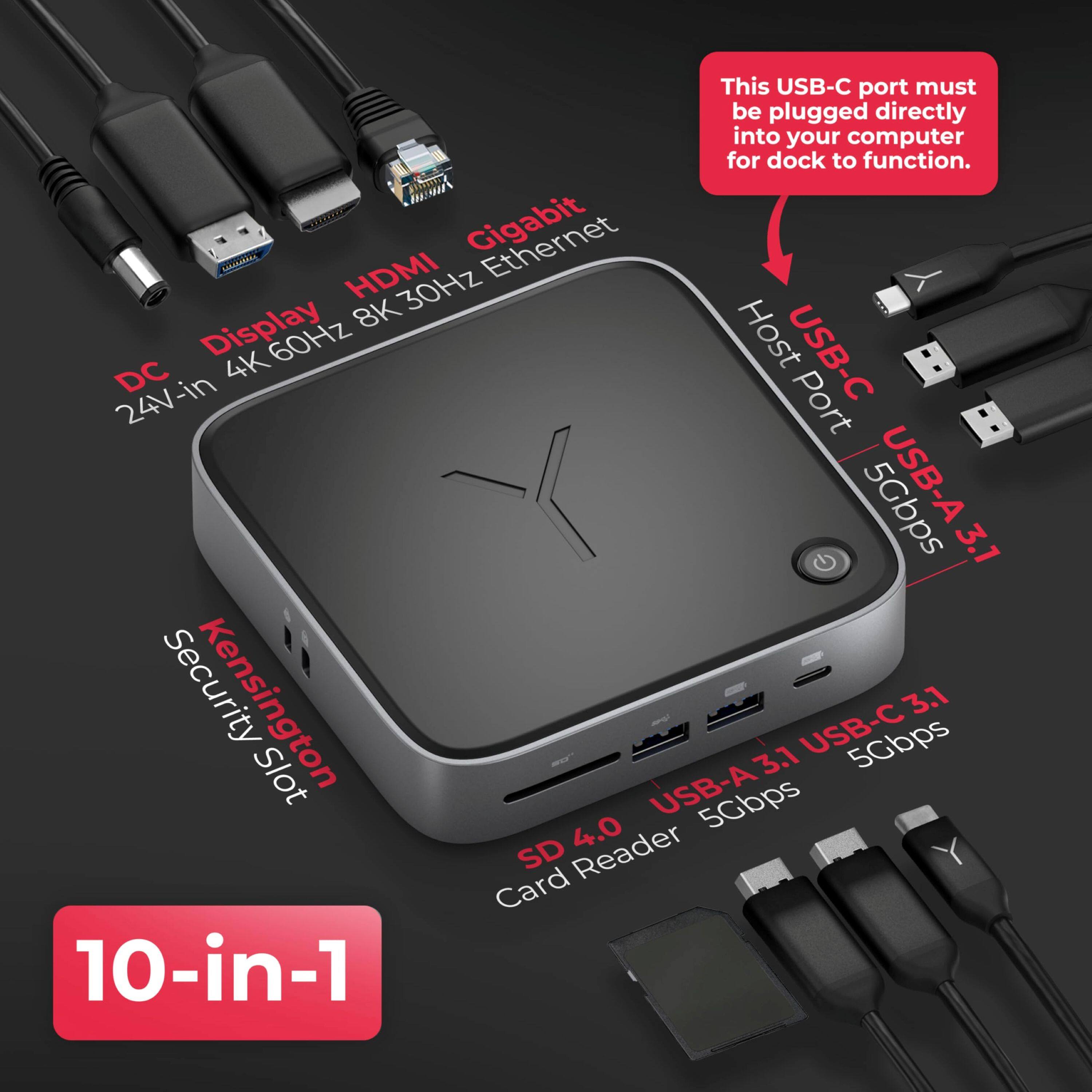 This USB-C port must be plugged directly into your computer for dock to function. The device is a 10-in-1 USB-C hub that includes a Gigabit HDMI 30Hz Display, 8K Host 4K 60Hz USB-C, DC 24V-in Port USB-A 3.1, Security Kensington - USB-C 5Gbps 3.1 Slot - 3.1 USB-A 5Gbps Reader, 4.0 SD Card, and 10-in-1 USB-C hub.