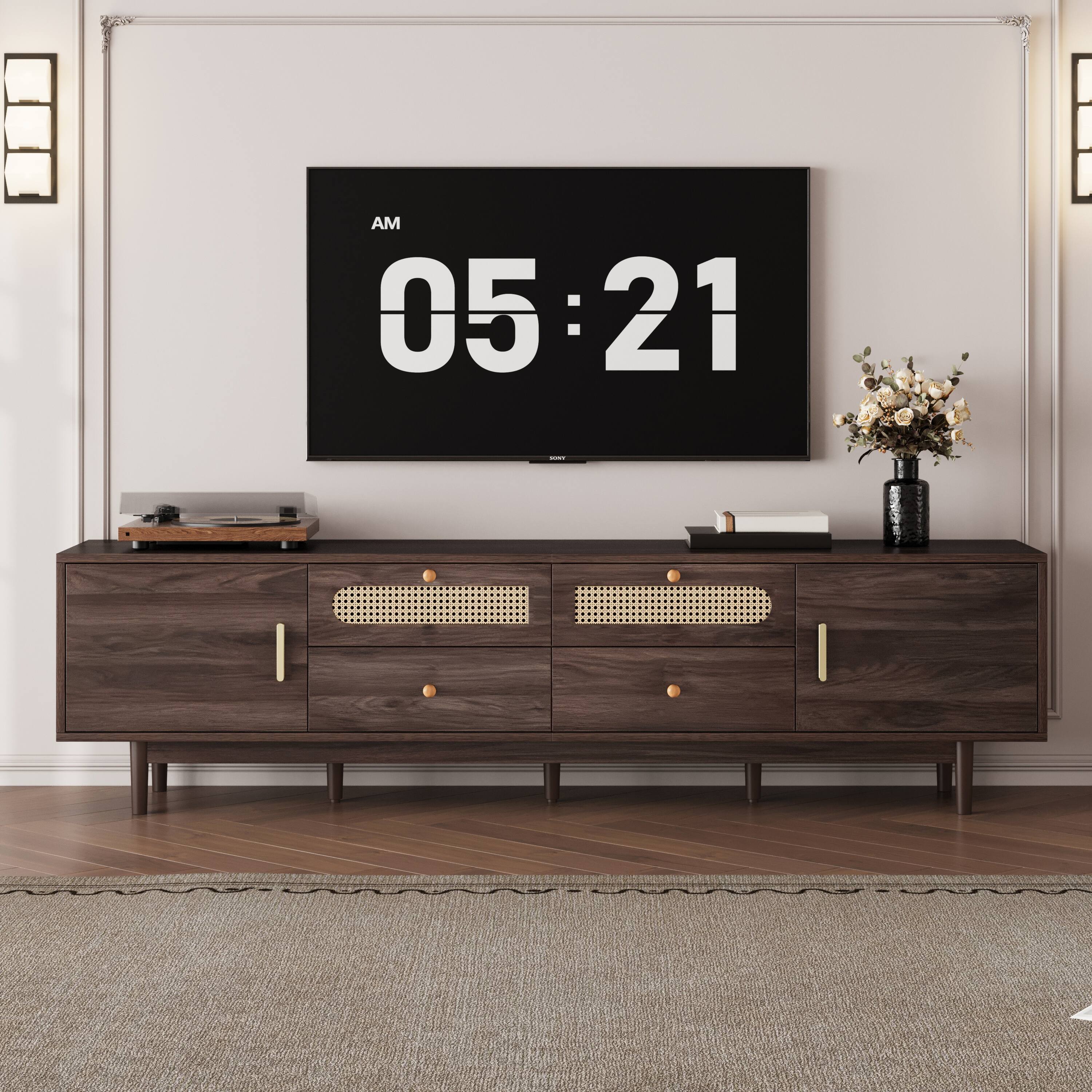 Front. Z-Edge - TV Stand for 85 Inch TV, Entertainment Center with 4 Drawers, TV Console with 2 Cabinets, Media Console for Living Room - Dark Brown.