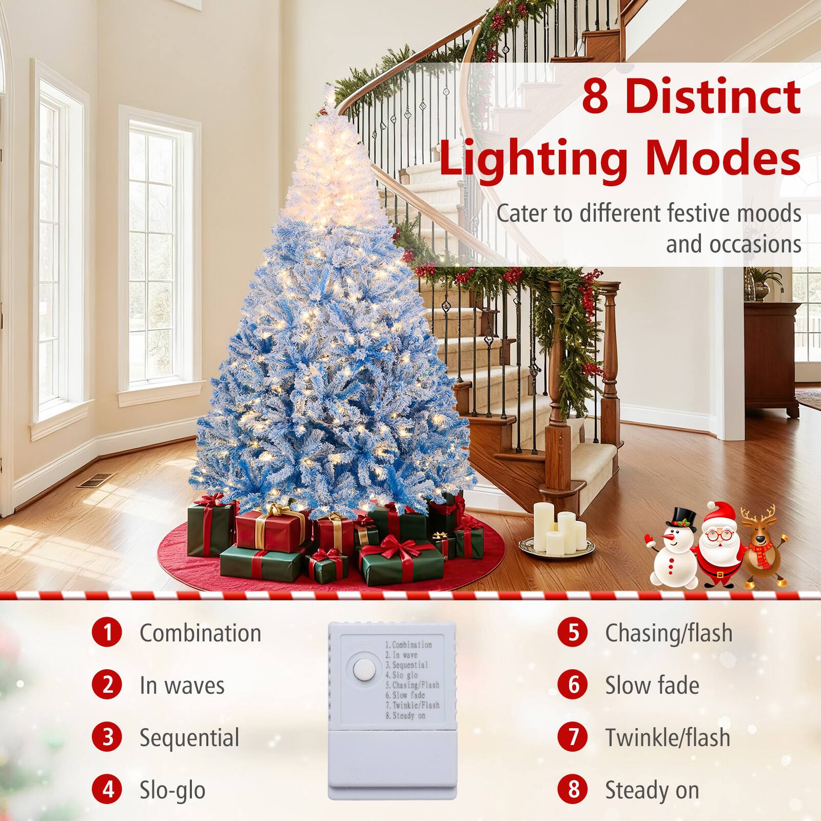 8 Distinct Lighting Modes  
Cater to different festive moods and occasions

1. Combination
2. In waves
3. Sequential
4. Slo-glo
5. Chasing/flash
6. Slow fade
7. Twinkle/flash
8. Steady on
