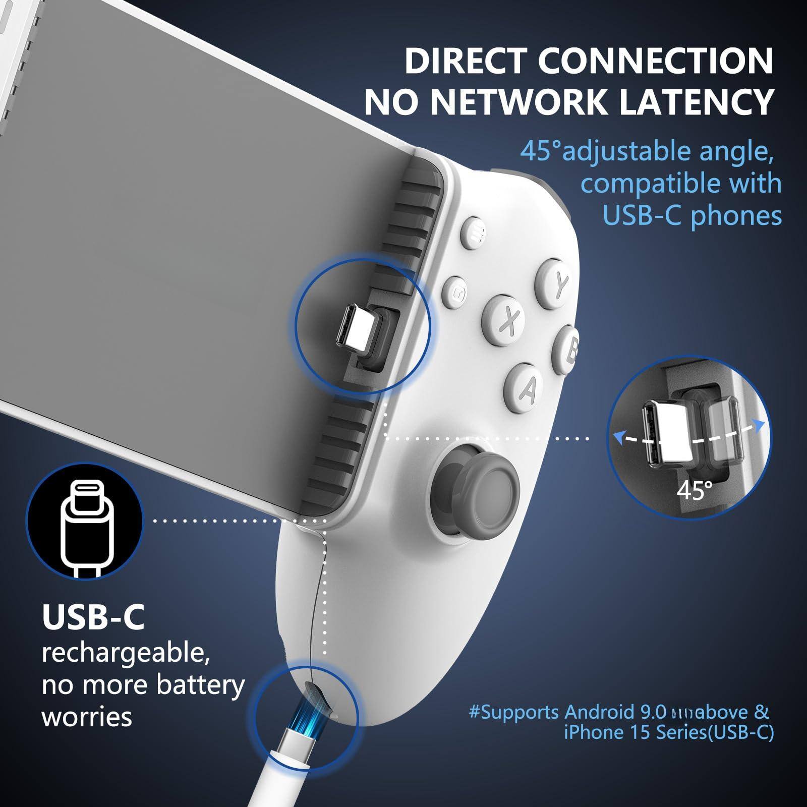 DIRECT CONNECTION  
NO NETWORK LATENCY  

45° adjustable angle, compatible with USB-C phones  

USB-C rechargeable, no more battery worries  

#Supports Android 9.0 & above & iPhone 15 Series(USB-C)