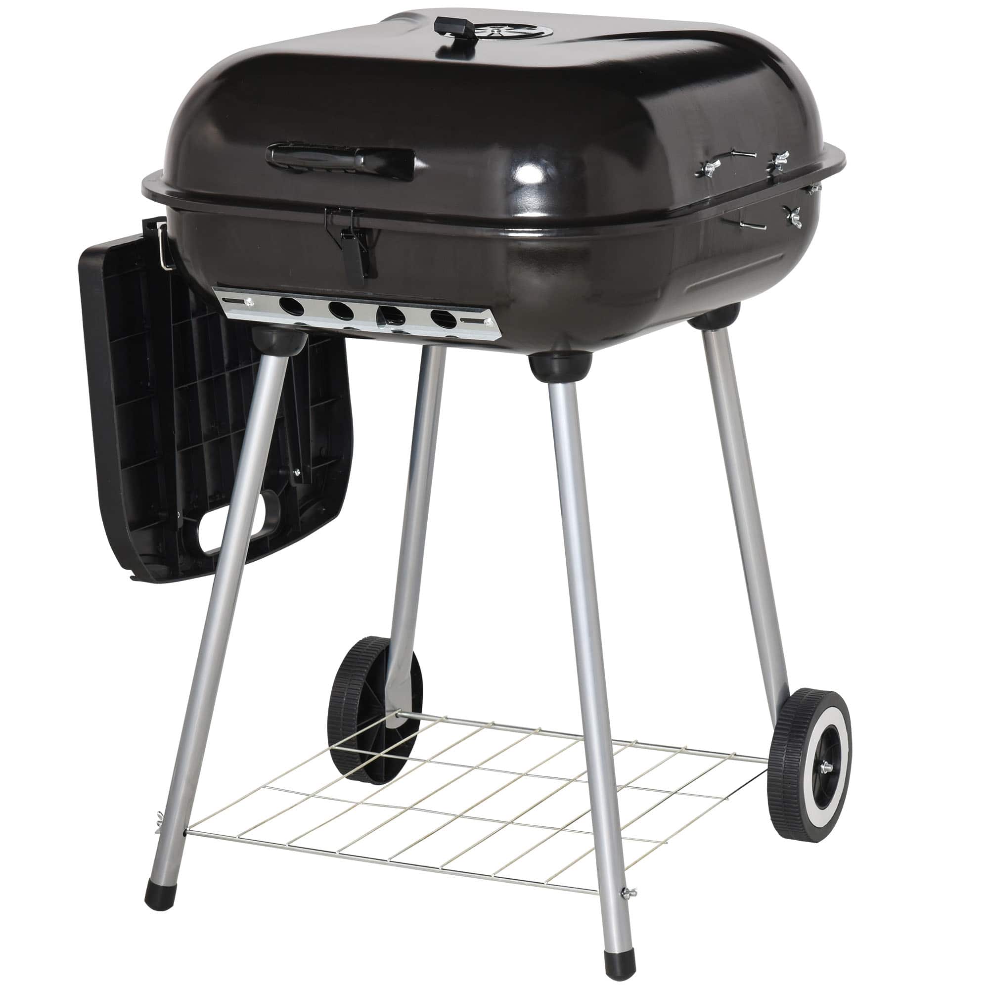 Outsunny - Portable Charcoal Grill with Foldable Side Shelf and Bottom Shelf, BBQ Smoker with Wheels and Adjustable Vents on Lid - Black