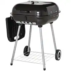 Front. Outsunny - Charcoal Barbecue Grill with Portable Wheel, Side Tray and Lower Shelf for Outdoor BBQ for Garden - Black.