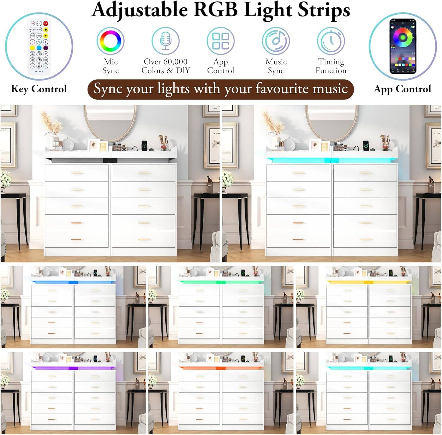 Adjustable RGB Light Strips

Key Control
Mic Sync
Over 60,000 Colors & DIY
App Control
Music Sync
Timing Function

Sync your lights with your favourite music

App Control