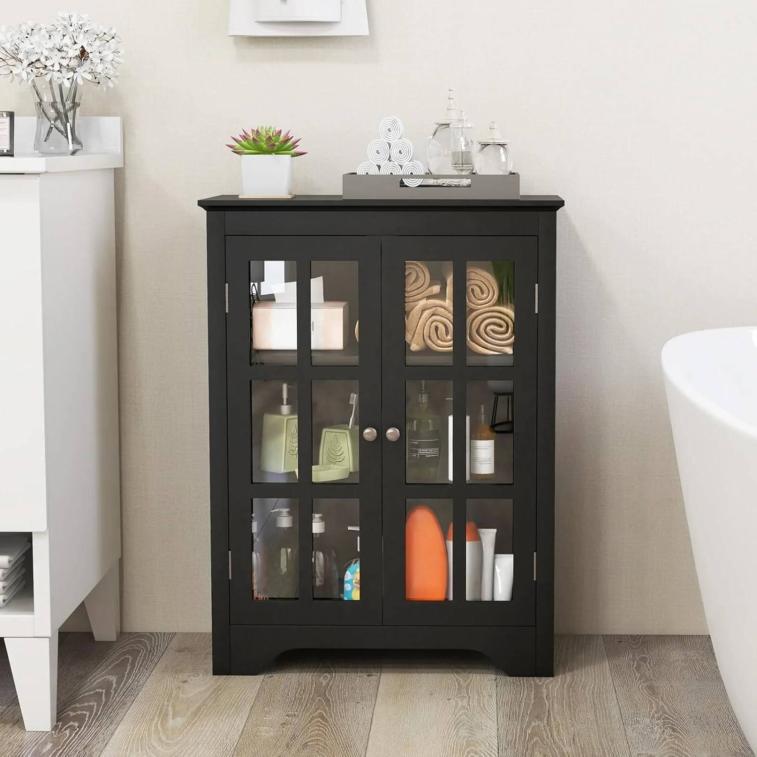 Back. Hivvago - Black Bathroom Storage Linen Cabinet with Adjustable Shelves and Glass Doors - Black.